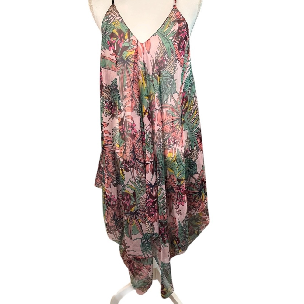 Tropical Floral Swing Dress Pink Palm Print Flowy Boho Sundress